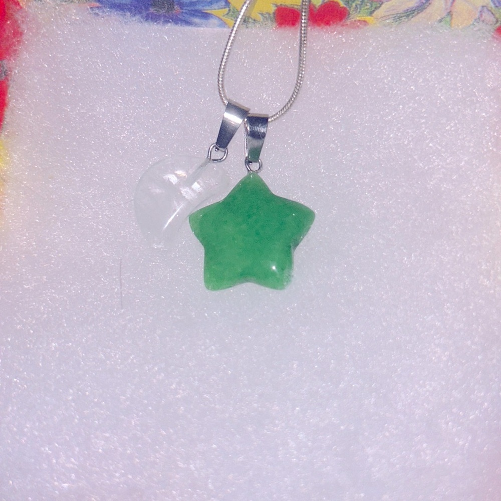Jade Star and Quartz Crystal moon sterling silver 16” necklace